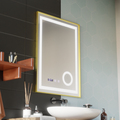 Stefan Touch LED Mirror with Defog System, Clock and Temperature 60x80 cm Brushed Gold Frame Cosmetic Magnifier