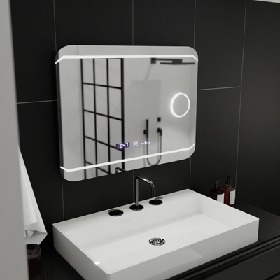 Rectangular LED Mirror, 80x60cm, MotionGlow Marcello Style, Demister System, Clock & Thermometer, Cosmetic Magnifier, Dimmable