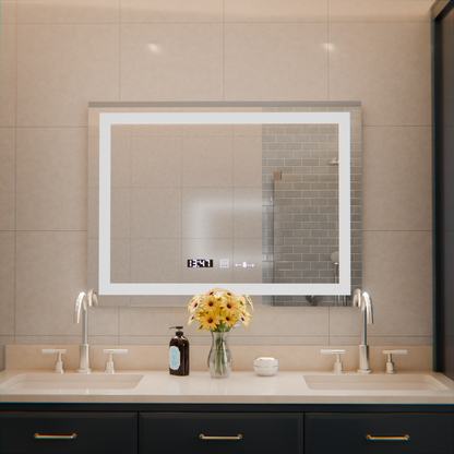 The rectangular LED Mirror 80x60cm Verite MotionGlow Marcellow Dimable Clock Deframenting System