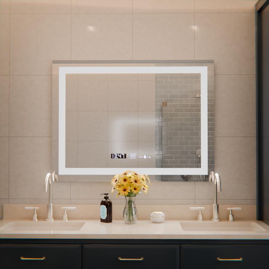 The rectangular LED Mirror 80x60cm Verite MotionGlow Marcellow Dimable Clock Deframenting System
