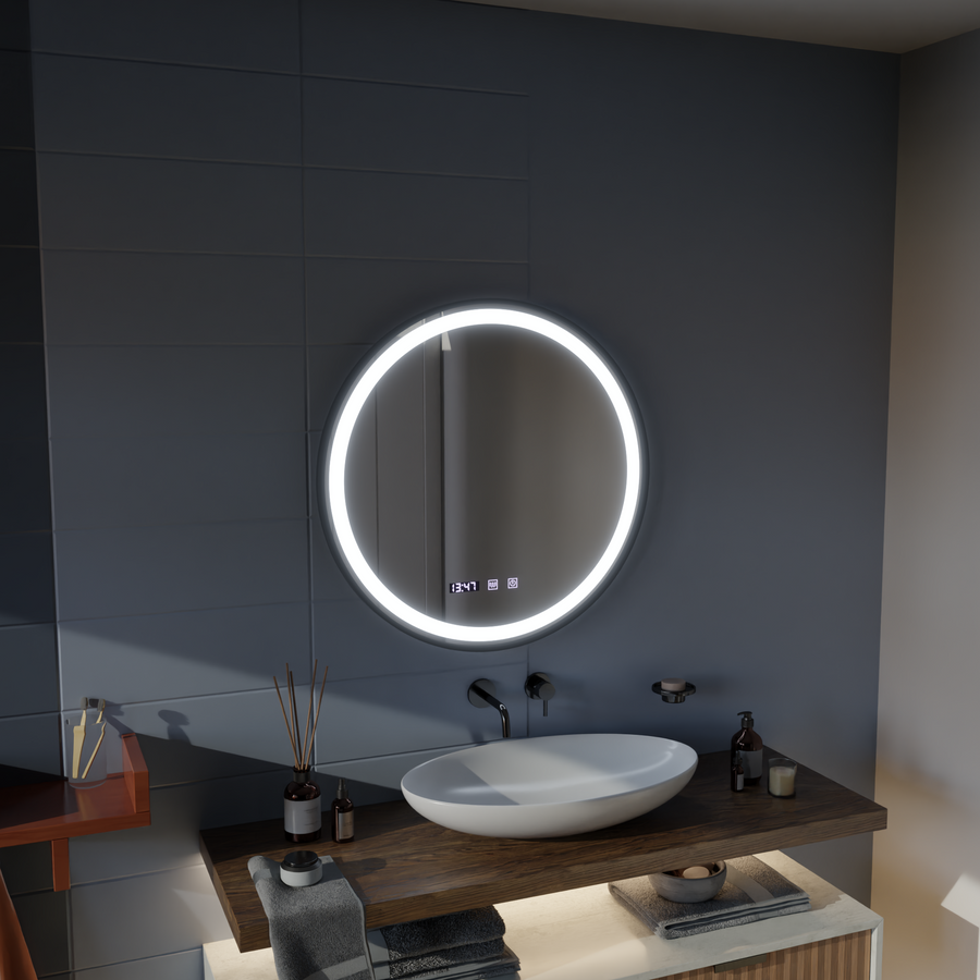 Hans Touch LED Mirror with Defog, Clock and Temperature System 60 cm Brushed Black Frame
