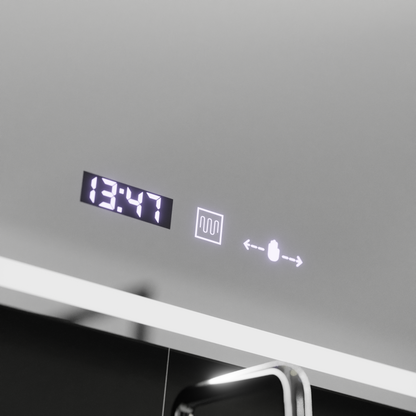 Mirror LED rectangular 90x60cm Bellezza Riflesso Puro Motionglow Marcello Dismantic Clock Defrosting System