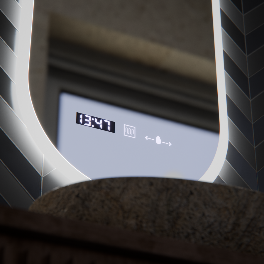 Oval LED Mirror, 50x100cm, Lucia Sensor Marcello, Demister System, Clock & Thermometer, Dimmable