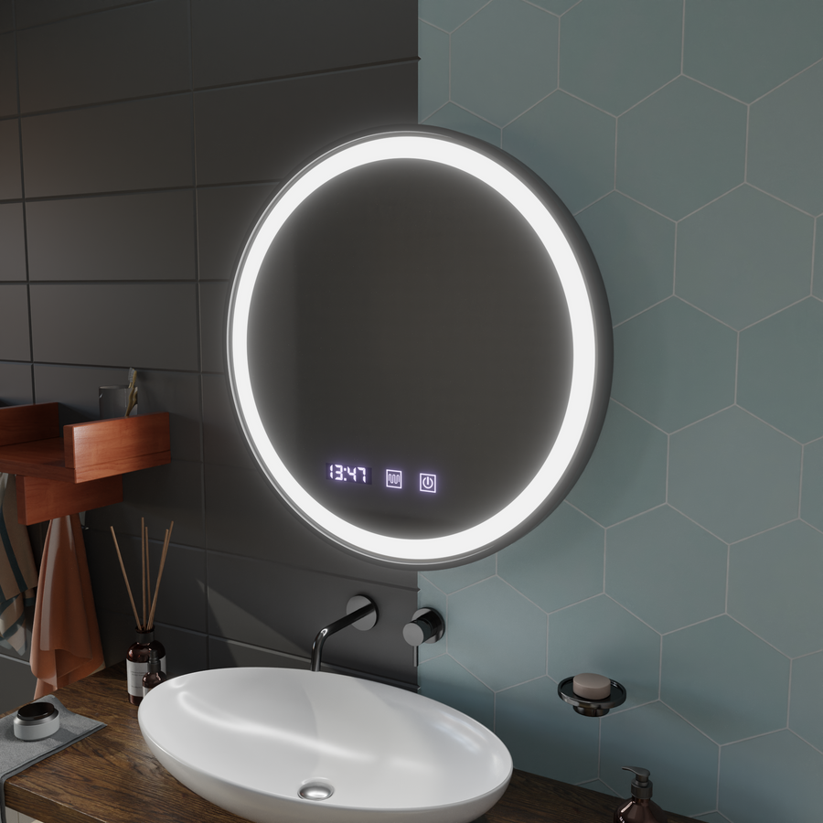 Otto Touch LED Mirror with Defog, Clock and Temperature System 80 cm Brushed Black Frame
