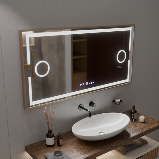 MotionGlow Sofia Sensor LED Mirror with Defog Function Thermometer Clock 110x65 cm Dimmable Warm/Cool/Neutral Light, Rose Gold Brushed Frame, Marcello Funghi Collection