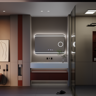 Rectangular LED mirror, 100x60cm, Definition MotionGlow Marcello, Demister System, Clock & Thermometer, Cosmetic Magnifier, Dimable