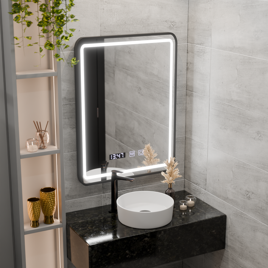 Karl Touch LED Mirror with Defog System, Clock and Temperature 50x70 cm Brushed Black Frame