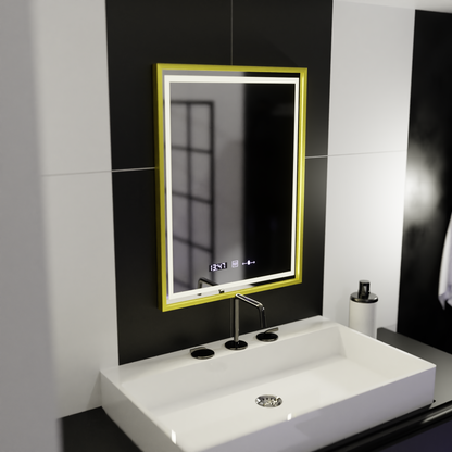 Rectangular LED Mirror 50x70cm Verite Royale Gold Motion Glow Marcello Dimable Clock Defrosting System