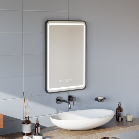 Gerhard Touch LED Mirror with Defog System, Clock and Temperature 60x80 cm Brushed Black Frame