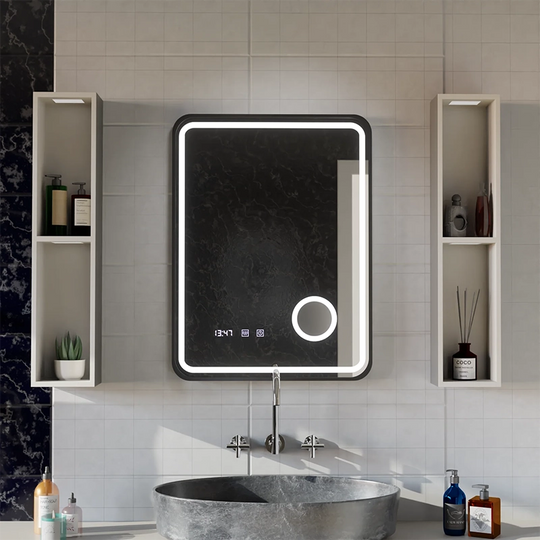 Ulrich LED Touch Mirror De-fogging System, Clock and Temperature 75x90 cm Brushed Black Frame Cosmetic Magnifier