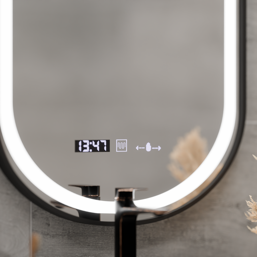 Helmut Touch LED Mirror with Defog, Clock and Temperature System 50x80 cm Brushed Black Frame