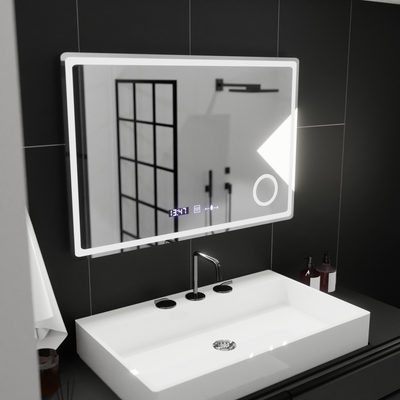 Mirror LED rectangular 90x60cm Bellezza Riflesso Puro Motionglow Marcello Dismantic Clock Defrosting System
