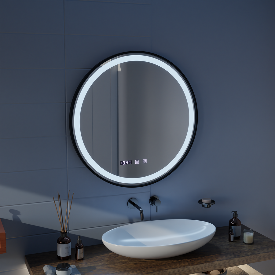 Hans Touch LED Mirror with Defog, Clock and Temperature System 60 cm Brushed Black Frame