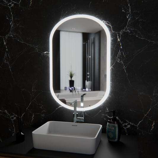 Oval LED mirror, 50x80cm, Lucia Sensor Marcello, Demister System, Clock & Thermometer, Dimmable