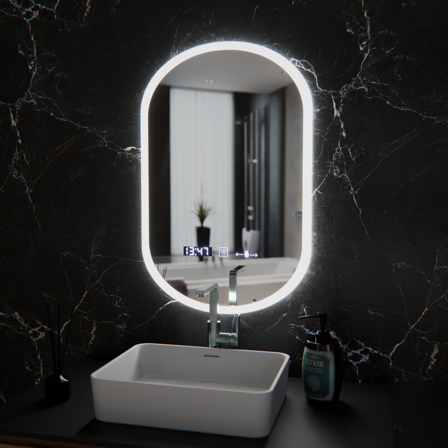 Oval LED mirror, 50x80cm, Lucia Sensor Marcello, Demister System, Clock & Thermometer, Dimmable