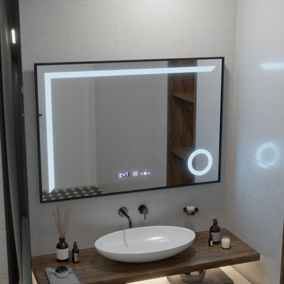 MotionGlow Sofia Sensor LED Mirror with Defog Function Thermometer Clock 110x65 cm Dimmable Warm/Cool/Neutral Light, Rose Gold Brushed Frame, Marcello Funghi Collection