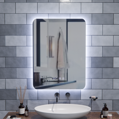 ARTAR Touch Rectangular LED Mirror, 60X80cm, Demist System, Dimmable, Clock and Temperature, Warm Neutral Cold Light 3000K/4000K/6000K