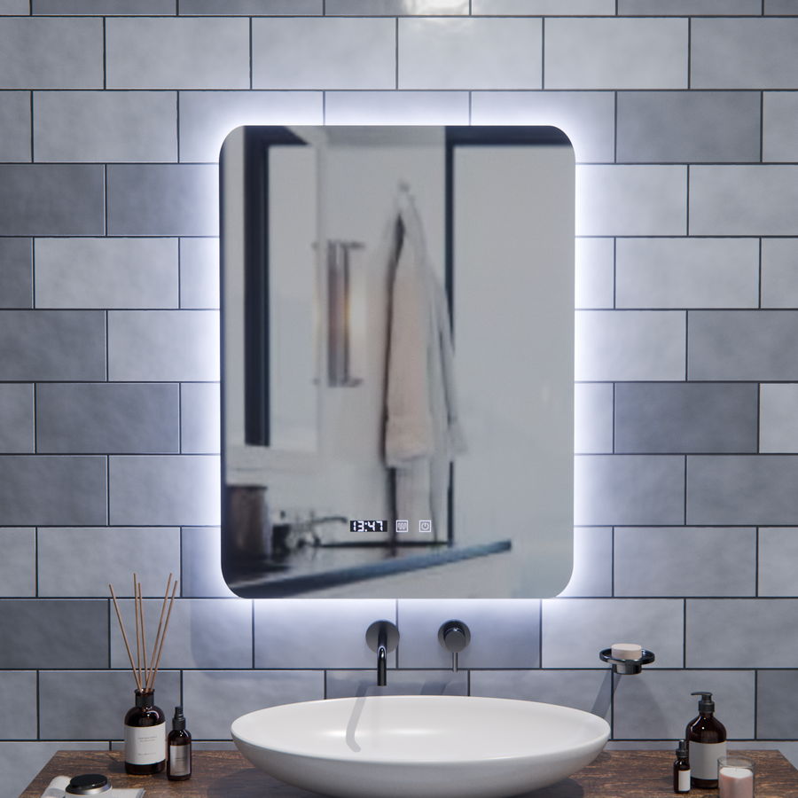 ARTAR Touch Rectangular LED Mirror, 60X80cm, Demist System, Dimmable, Clock and Temperature, Warm Neutral Cold Light 3000K/4000K/6000K