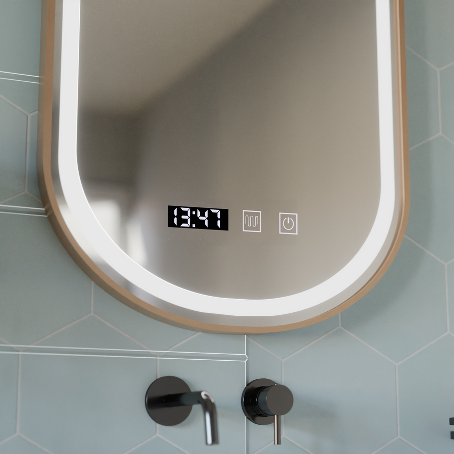 Konrad Touch LED Mirror with Defog, Clock and Temperature System 50x80 cm Brushed Gold Frame