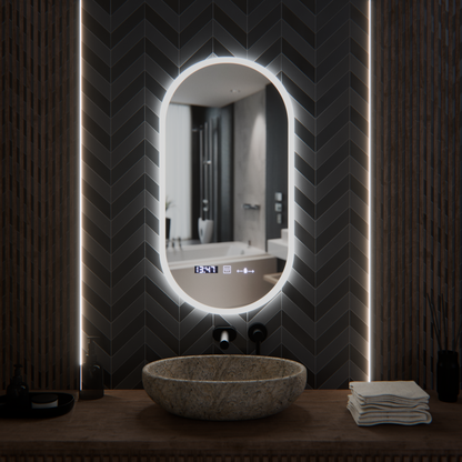 Oval LED Mirror, 50x100cm, Lucia Sensor Marcello, Demister System, Clock & Thermometer, Dimmable