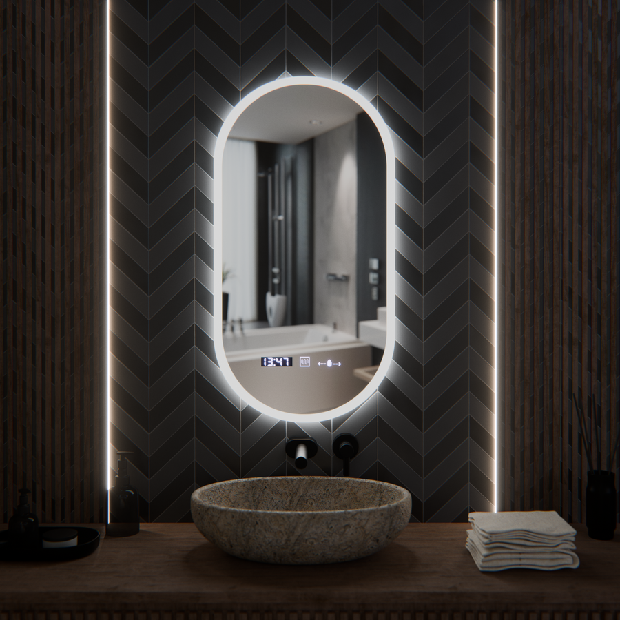 Oval LED Mirror, 50x100cm, Lucia Sensor Marcello, Demister System, Clock & Thermometer, Dimmable