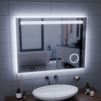 Rectangular LED Mirror, 80x60cm, Piano Touch, Demist System, Dimmable, Cold Light 6000K