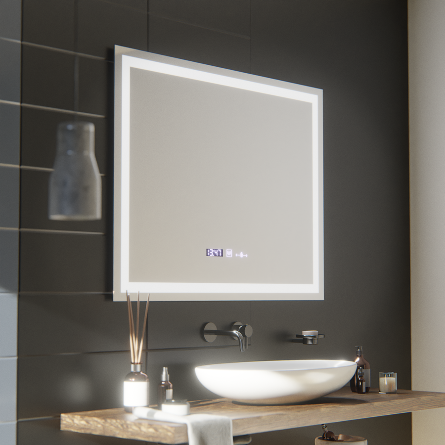 Rectangular LED mirror, 100x75cm, Verite MotionGlow Marcello, Demister System, Clock & Thermometer, Dimmable