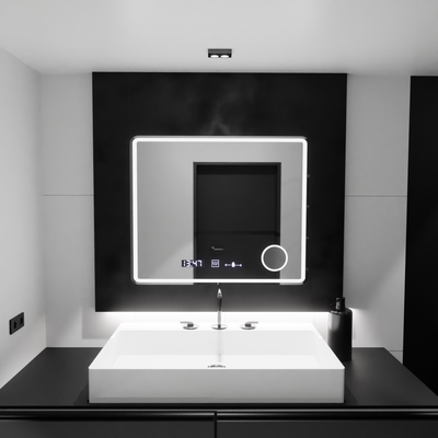 Mirror LED rectangular 90x75cm Eco Riflesso Puro Motionglow Marcello Dismantling Clock & Wolf thermometer