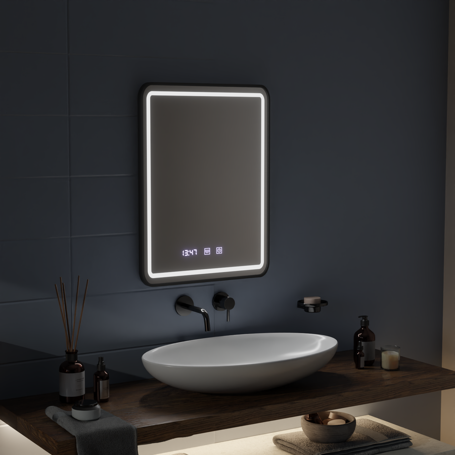 Gerhard Touch LED Mirror with Defog System, Clock and Temperature 60x80 cm Brushed Black Frame