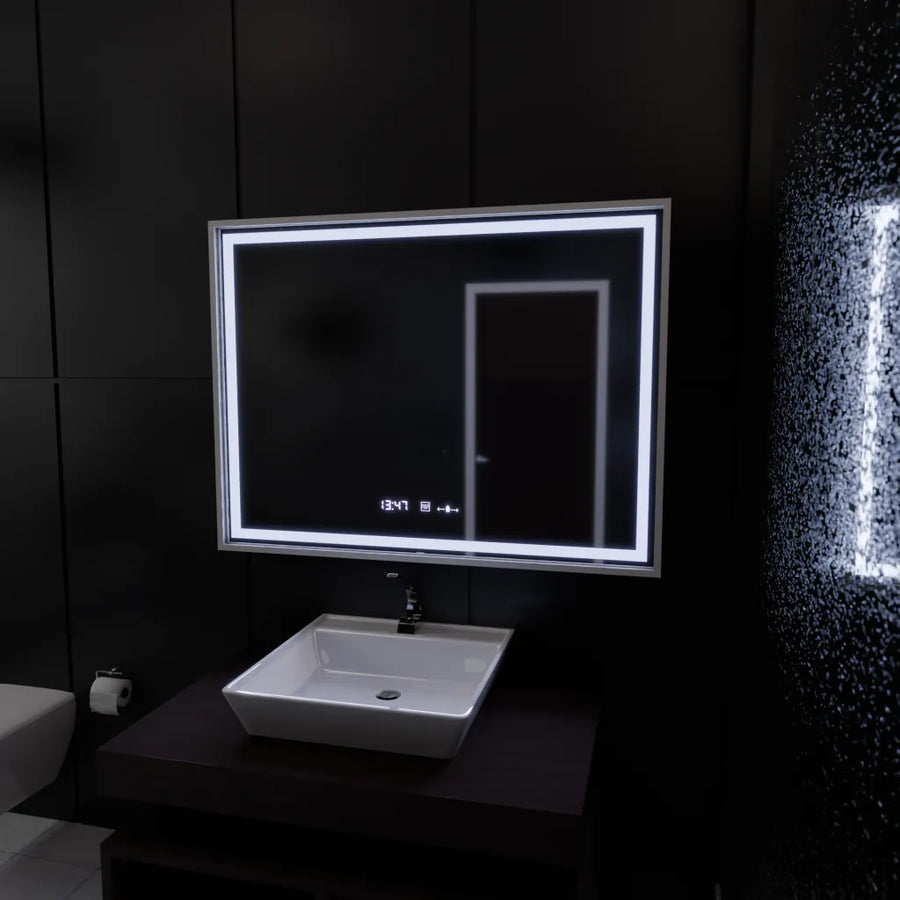 Mirror LED rectangular 80x60cm Verite Imperial Silver Motion Glow Marcello Clock Defrition System & Dimable Thermometer