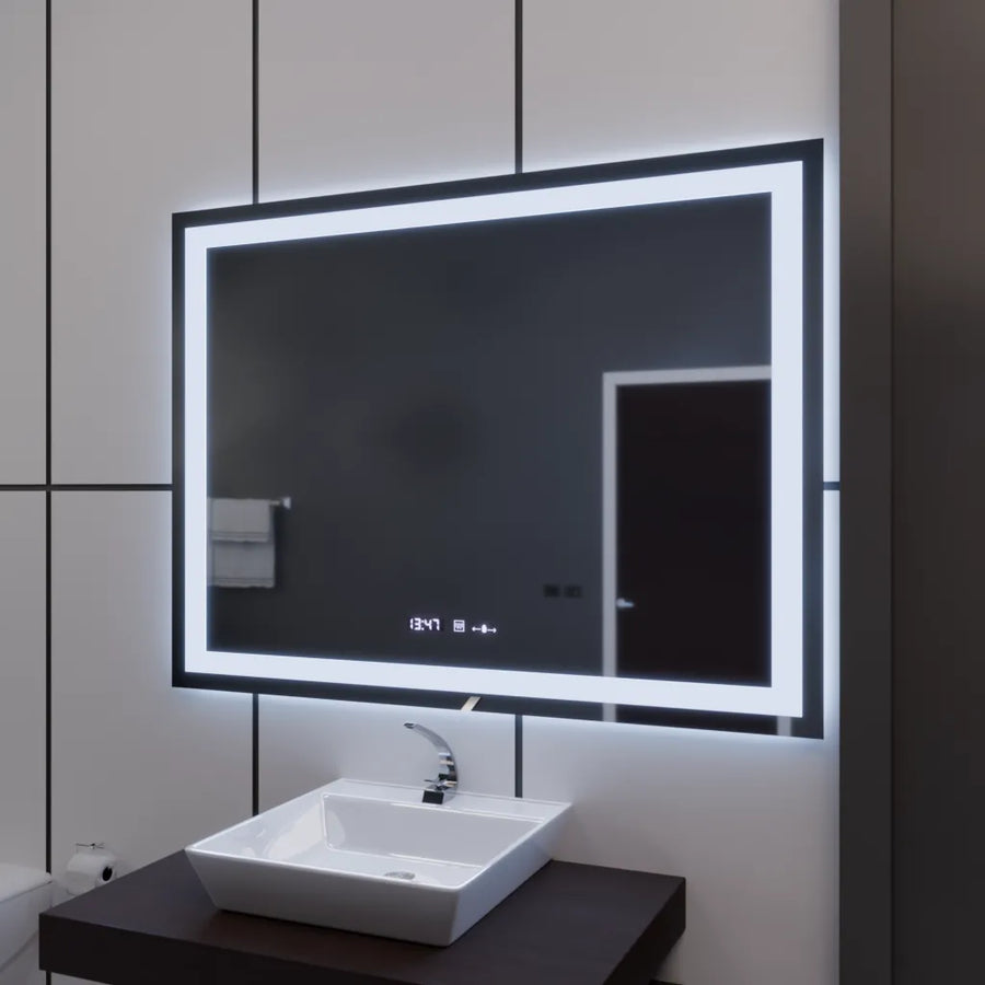 Rectangular LED Mirror 120x80cm Vérité MotionGlow Marcello, Defog System, Thermometer and Clock, Dimmable 