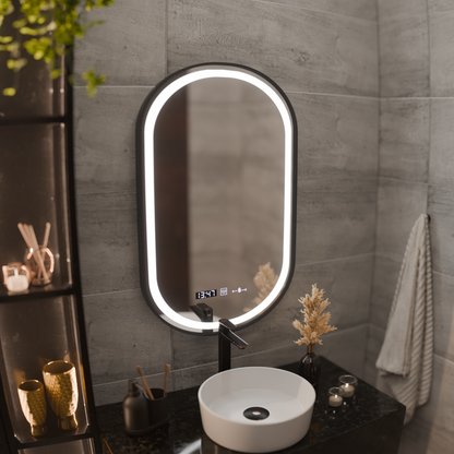 LED Mirror Helmut Sensor De-fogging System, Clock and Temperature 50x90 cm Black Frame Brushed Marcello Funghi