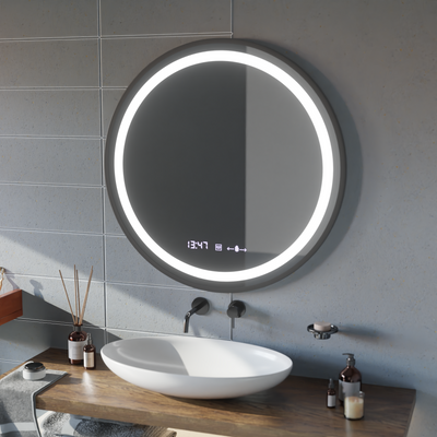 LED Round Mirror, 100cm, Celeste Majesté Noir MotionGlow Marcello, Demister System, Clock & Thermometer, Dimmable