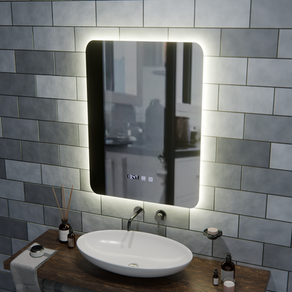 ARTAR Touch Rectangular LED Mirror, 60X80cm, Demist System, Dimmable, Clock and Temperature, Warm Neutral Cold Light 3000K/4000K/6000K