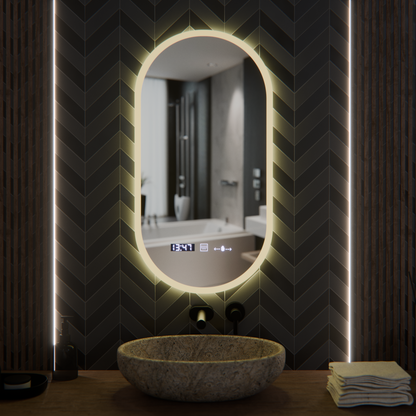 Oval LED Mirror, 50x100cm, Lucia Sensor Marcello, Demister System, Clock & Thermometer, Dimmable