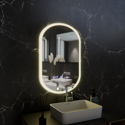 Oval LED mirror, 50x80cm, Lucia Sensor Marcello, Demister System, Clock & Thermometer, Dimmable