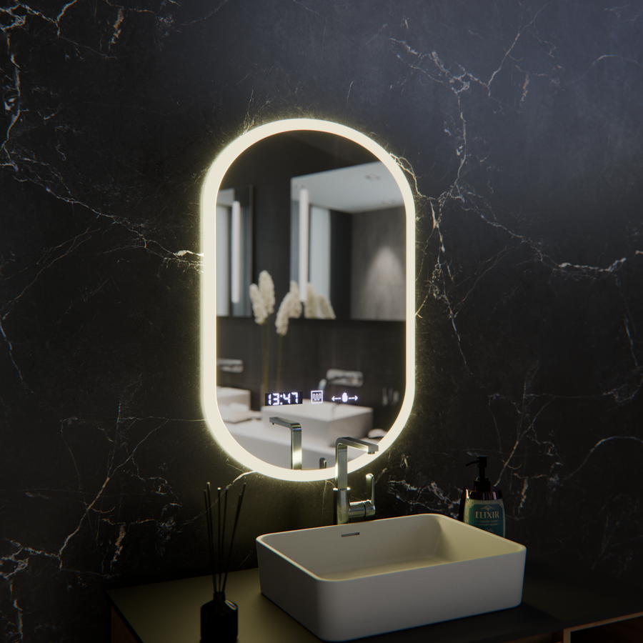 Oval LED mirror, 50x80cm, Lucia Sensor Marcello, Demister System, Clock & Thermometer, Dimmable