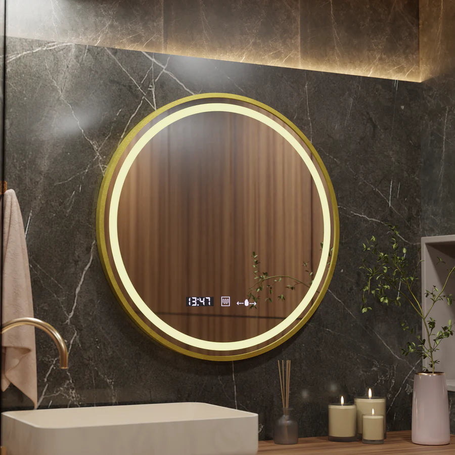 Mirror LED round 60cm celesti Royale Gold Eleve MotionGlow Marcello Dimable Clock Defrosting System