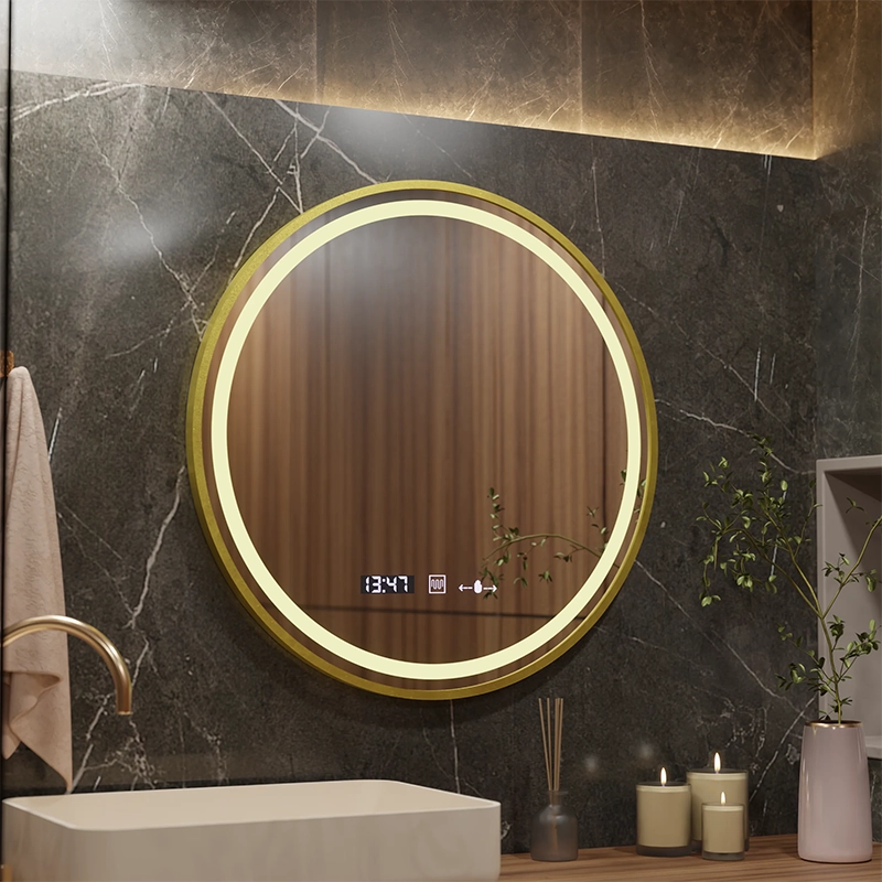 LED Round Mirror, 70cm, Celeste Royale Gold MotionGlow Marcello, Demister System, Clock & Thermometer, Dimmable