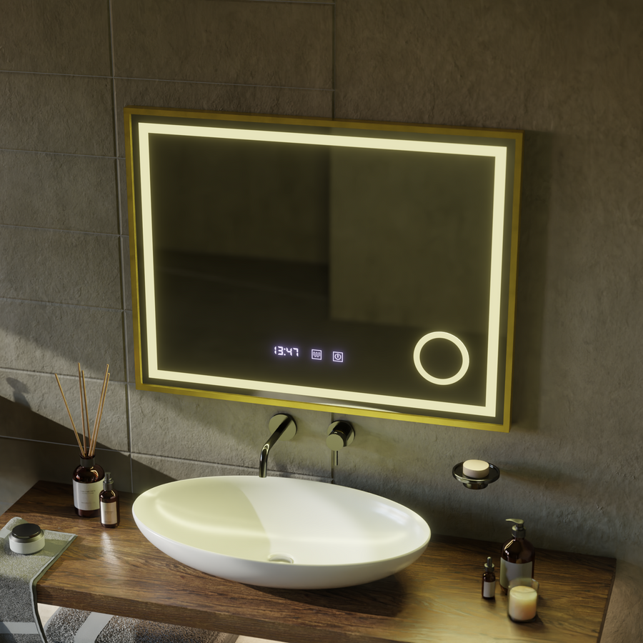 Rolf Touch LED Mirror Defog System, Clock and Temperature 80x60 cm Brushed Gold Frame Cosmetic Magnifier