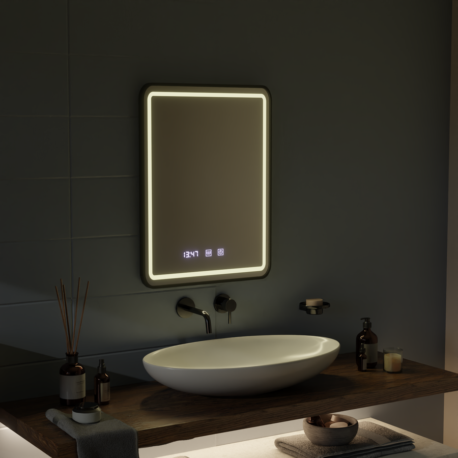 Gerhard Touch LED Mirror with Defog System, Clock and Temperature 60x80 cm Brushed Black Frame