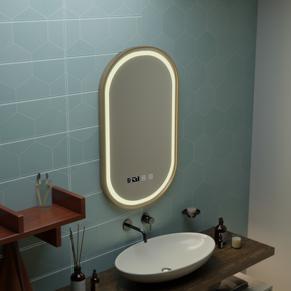 Konrad Touch LED Mirror with Defog, Clock and Temperature System 50x80 cm Brushed Gold Frame
