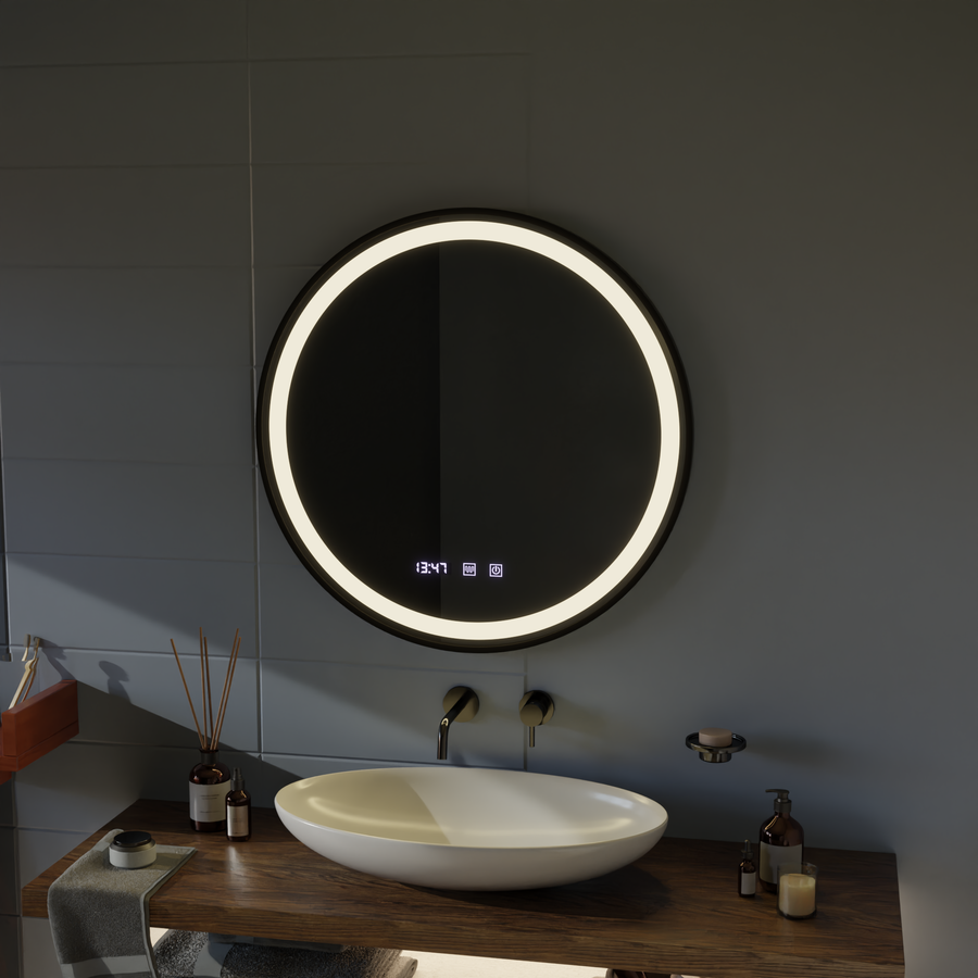 Hans Touch LED Mirror with Defog, Clock and Temperature System 60 cm Brushed Black Frame