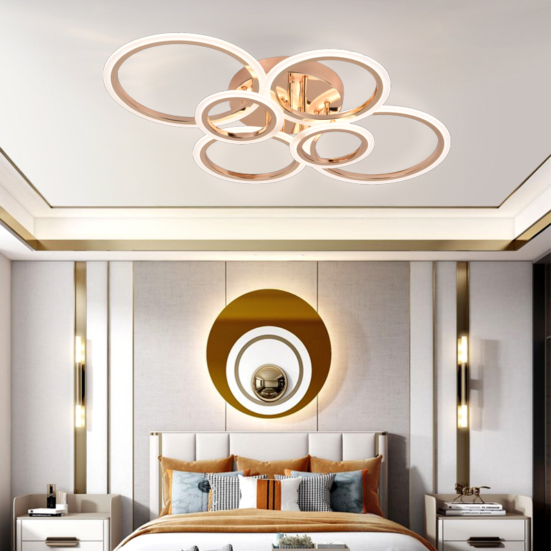 LED chandelier with remote control BETTY 82W, 6 Circles, Cold/Warm/Neutral light, Dimmable, Shiny Gold