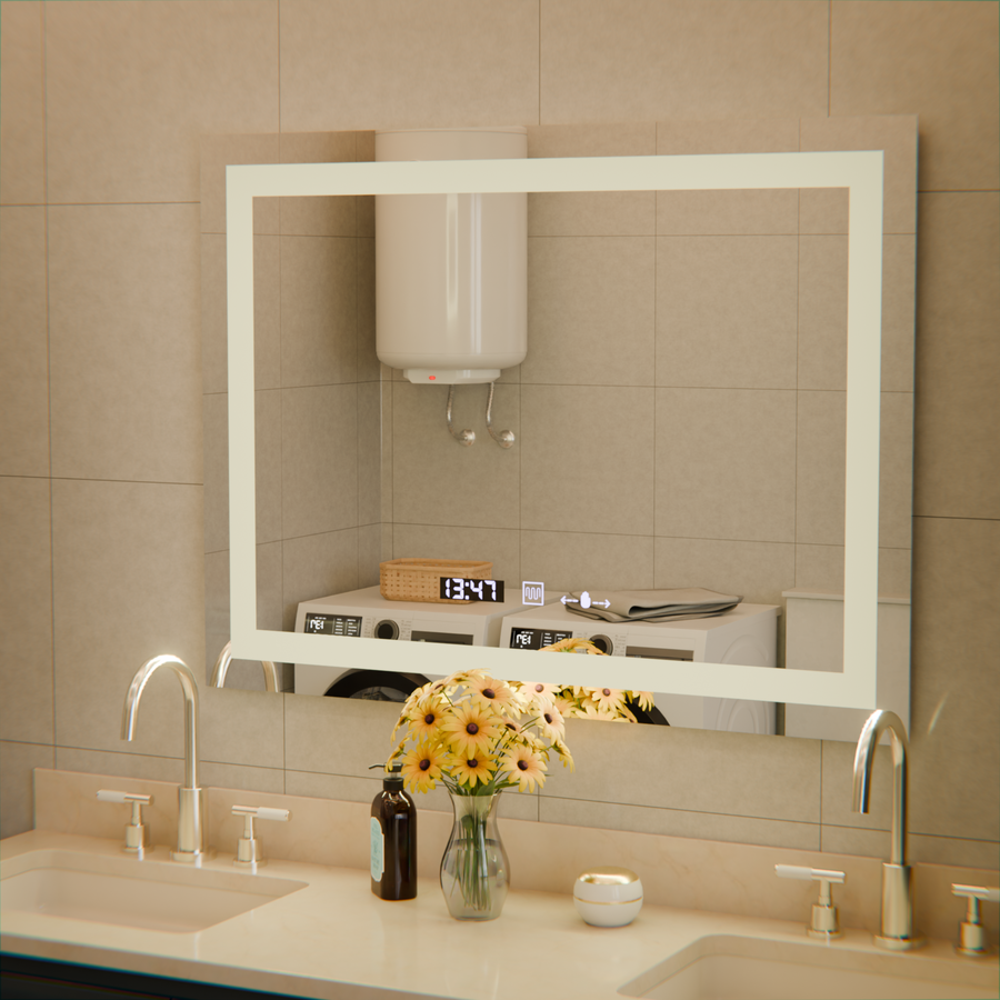 The rectangular LED Mirror 80x60cm Verite MotionGlow Marcellow Dimable Clock Deframenting System