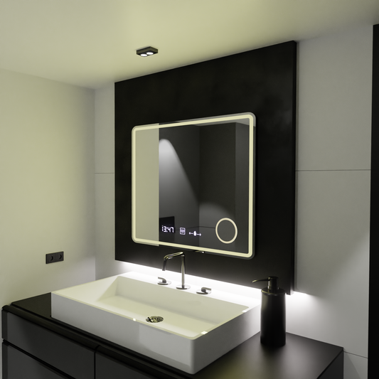 Rectangular LED Mirror, 90x75cm, Riflesso MotionGlow Marcello, Demister System, Clock & Thermometer, Cosmetic Magnifier, Dimable