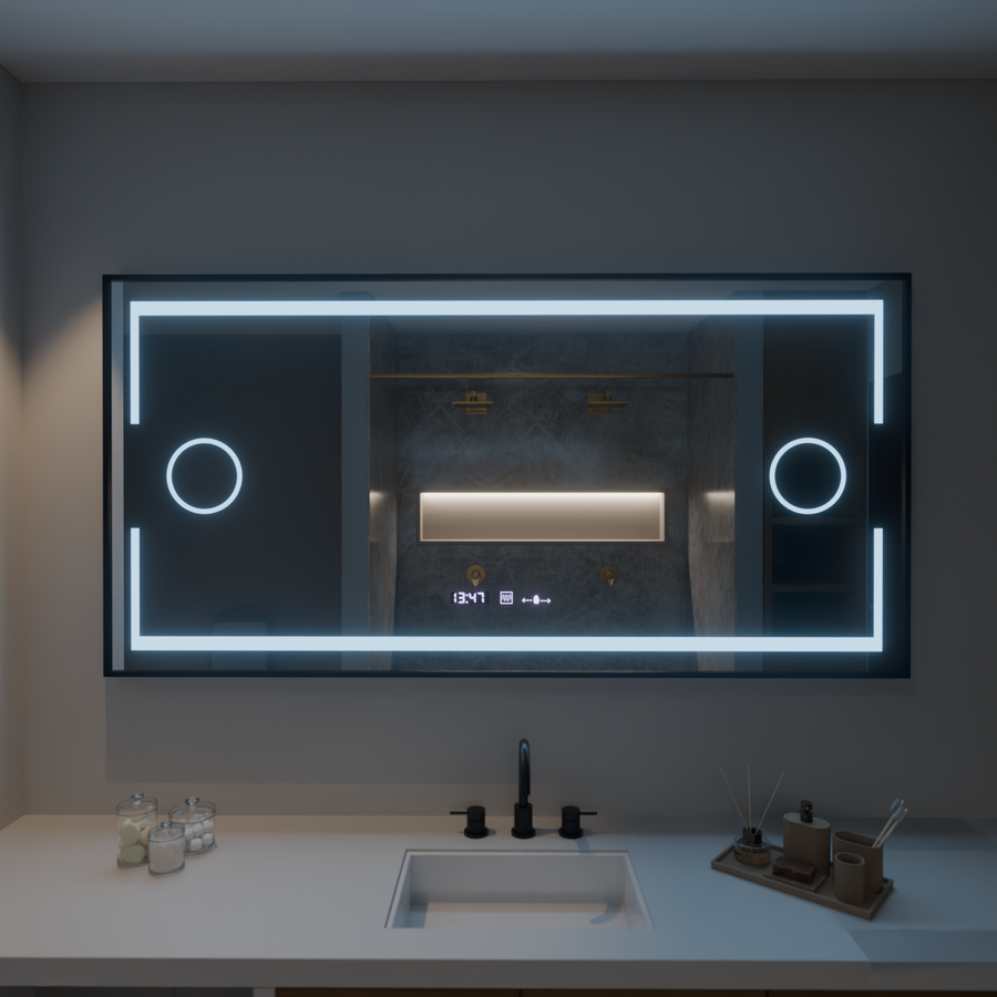 Rectangular LED mirror 120x80cm Motionglow sensor Marcello Dismantic Clock Defrosting System