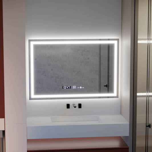 Rectangular LED Mirror 120x80cm Vérité MotionGlow Marcello, Defog System, Thermometer and Clock, Dimmable 