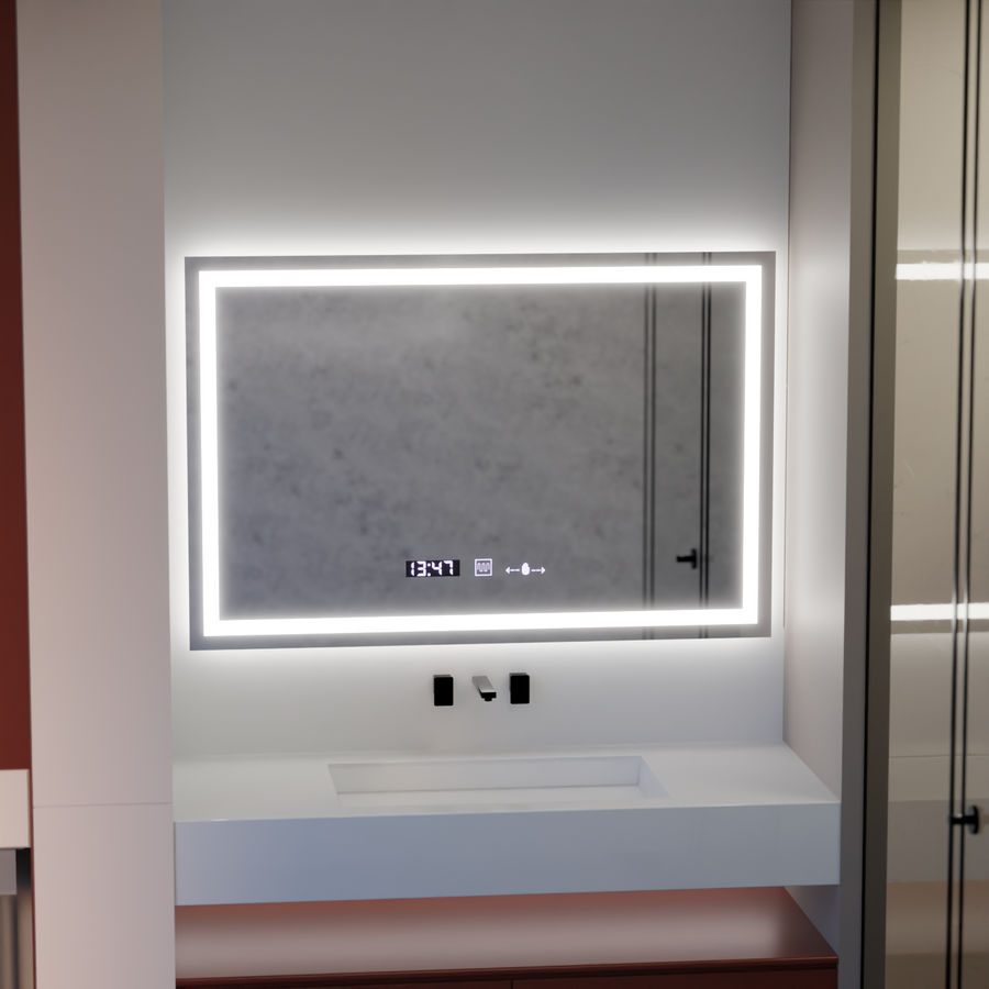 Rectangular LED Mirror 120x80cm Vérité MotionGlow Marcello, Defog System, Thermometer and Clock, Dimmable 