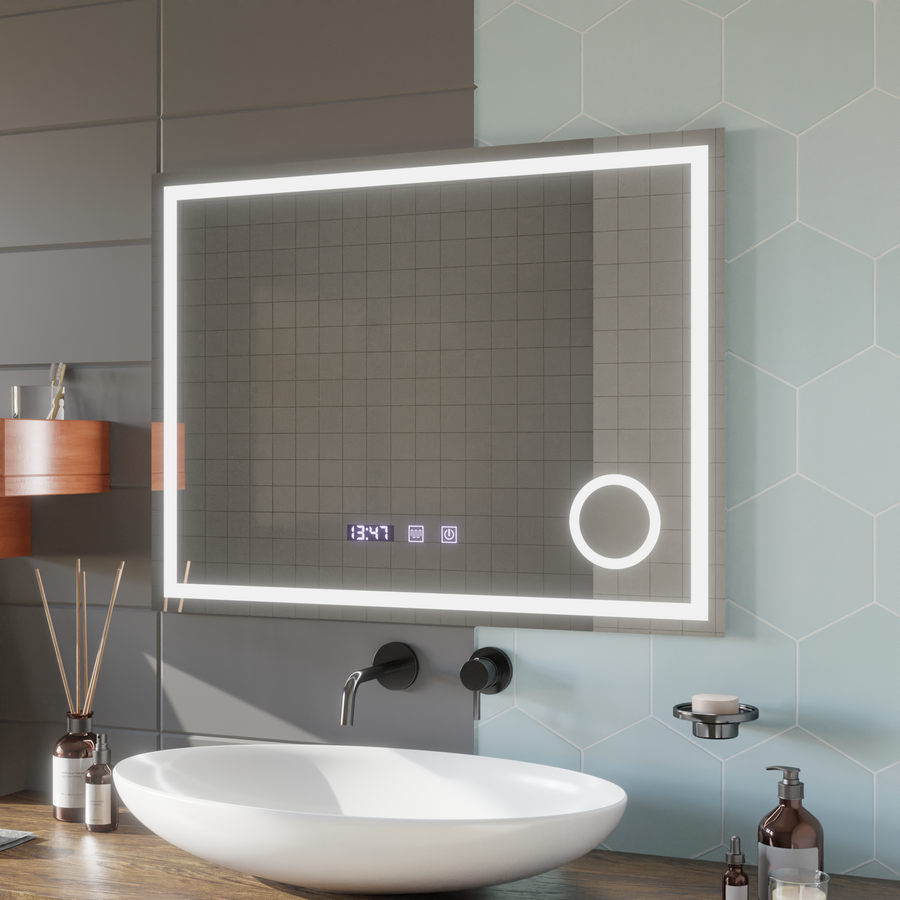 LED Touch Mirror Gunter Defog System, Clock and Temperature 80x60 cm Cosmetic Magnifier